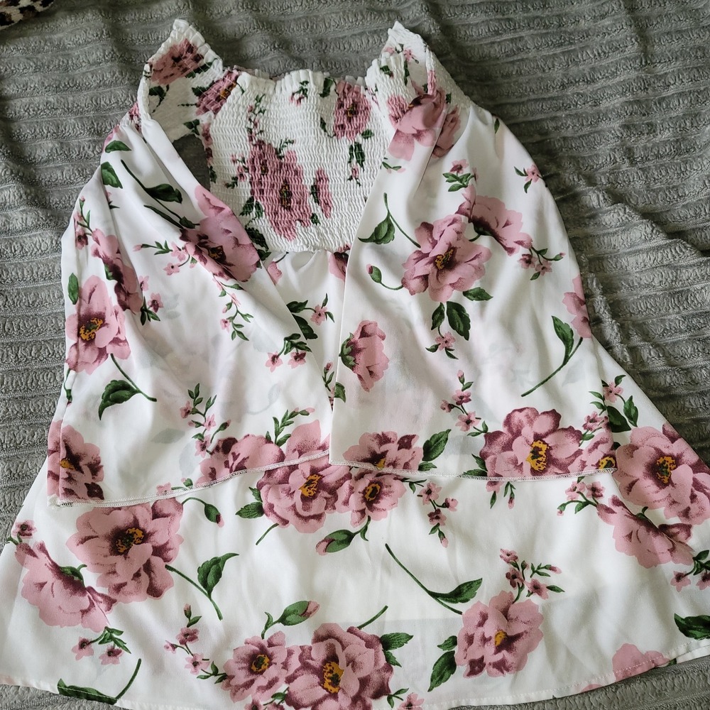 Shein Floral Flared Lined Dress Beige Size S Bell‎ Sleeves Elastic Bodice